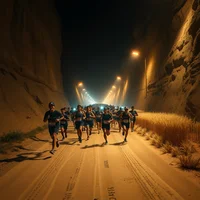 Large group of runners on a narrow road flanked by rock walls under street lights at night