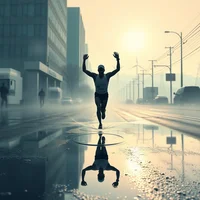 Runner with arms raised reflected in a rain-soaked city street at misty sunrise