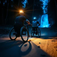 Two people in wheelchairs or hand-cycles riding at night on a trail, with helmet lights and a glowing blue waterfall behind them