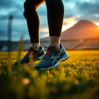 Close-up of running shoes on green grass at golden-hour sunset with a mountain silhouette in background