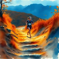 Runner on an autumn trail path surrounded by orange foliage and blue mountain hills