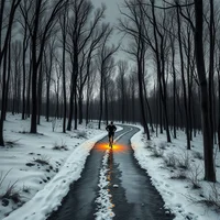 Lone runner on a snow-bordered road through bare winter trees at dusk, with a warm orange glow behind them.