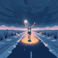 Illustrated runner with arms raised holding a glowing orb on a lit road at night under dark stormy skies