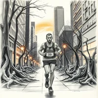 Pencil sketch of a male runner with race bib on a city street lined with bare trees and skyscrapers at dusk
