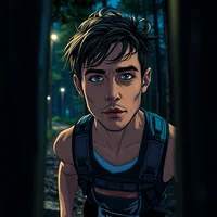 Illustrated young man in a sleeveless top looking tense amid dark trees at night
