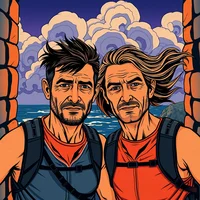 Comic-style illustration of two men with windswept hair standing side by side near a brick wall with ocean behind