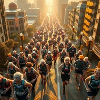 Large group of older runners racing down a sunlit city street lined with tall buildings