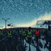 Large group of runners in hi-vis vests racing along a road at night near a stadium under a starry sky