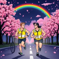 Two runners in yellow hi-vis vests on a tree-lined road with pink blossoms, a bicycle, and a rainbow sky.