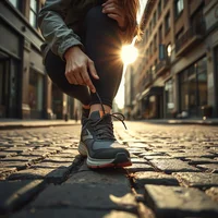 Person crouched on a cobblestone street, tying the laces of a grey running shoe with sunlight behind them
