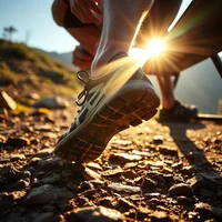 Close-up of a trail runner's shoe on rocky ground, with low sun flaring behind a person bending over it.