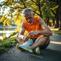 Older man with gray beard in orange tank top lacing a white running shoe on a tree-lined riverside path.