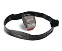 Black elastic heart rate strap with a grey rectangular monitor unit and small display, on a white background