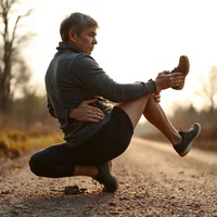 Man in dark athletic wear crouched on a dirt path at dawn, holding one leg up to stretch the back of his thigh