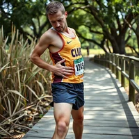 Runner on a boardwalk clutching his hip and groin area after pulling up mid-run with a strain