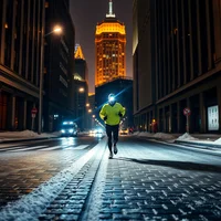 Runner in neon yellow jacket on snowy city street at night with illuminated skyscraper in background.