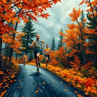 Two runners racing along a wet forest road surrounded by vibrant orange and red autumn foliage under a cloudy sky