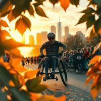 Wheelchair racer leads a crowd of runners along a city path framed by autumn leaves at golden sunset
