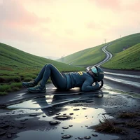 Comic book style wide shot of a para-athlete in winter layers collapsed on wet rolling hills after a race.