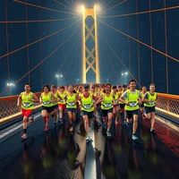 Low-angle cartoon of joyful mass marathon crowd in hi-vis vests running a floodlit suspension bridge on wet summer night