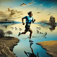 Surreal painting of a male runner in blue gear striding across a reflective landscape with birds and floating rocky terrain