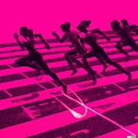 Silhouettes of people running on a track with pink/magenta color overlay