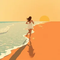 Woman in white dress running barefoot along a sandy beach at sunrise, waves lapping the shore