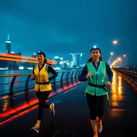 Two women in hi-vis vests run a rain-soaked waterfront promenade at dusk, city lights trailing in long-exposure blur.