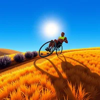 Para-athlete in a racing wheelchair moving across golden grass fields under a bright blue sky