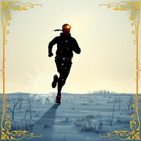 Art nouveau gold-leaf silhouette of exhausted military runner crossing snowy meadow at harsh midday, Klimt-style flowing lines.