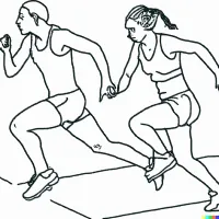 Two athletes running side by side in a track race, line drawing style