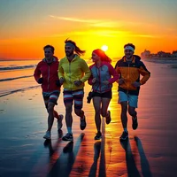 Aerial stained-glass mosaic of four adult joggers in retro 80s gear on a winter beach shoreline at twilight, two mid-conversation.