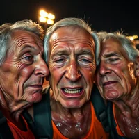 Close-up composite of three older men with exaggerated facial expressions against a dark background