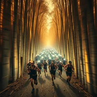 Group of runners wearing headlamps racing through a narrow tunnel of tall bamboo trees toward a glowing light