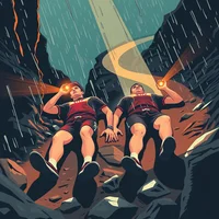 Two exhausted runners in red racing kits lying on wet rocks in a dark ravine, lit by a beam of light from above.