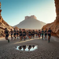Large group of runners on a rocky desert path with a mesa and clear sky in the background