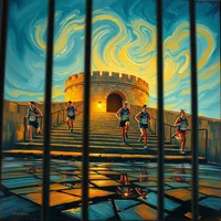 Post-impressionist painting of runners on a tiled path leading to a stone fortress tower, viewed through vertical bars.