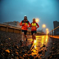 Two runners in reflective high-visibility jackets and headlamps jogging on a wet road at dusk with glowing street lights.