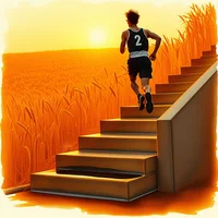 Runner wearing jersey number 2 climbing large outdoor stairs beside a golden wheat field at sunset
