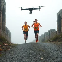 Two runners in orange vests jogging along a misty gravel path with a drone flying above and stone ruins in the background