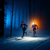 Pointillist painting of para-athletes racing a snow-blasted forest trail at night, headlamps glowing through blizzard darkness.