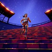 Para-athlete in retro 80s gear climbs stadium steps at twilight in snow flurries, rendered as a luminous stained glass mosaic.