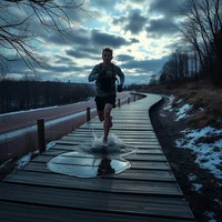 Runner on a wet wooden boardwalk at dusk, surrounded by bare trees and a cloudy winter sky