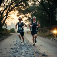 Two men running side by side on a cobblestone path at dusk, trees arching overhead and a city skyline in the distance.