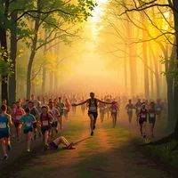 8-bit pixel art of a barefoot marathon runner collapsed on a misty spring forest trail at sunrise, mass crowd behind them.
