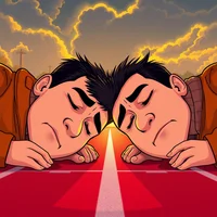 Cartoon close-up of two exhausted barefoot adult runners collapsed on a track at stormy golden-hour sunrise, wearing winter layers.
