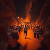 Large crowd of people moving through a narrow canyon-like passage bathed in orange light at night