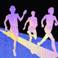 Three glowing blue and purple silhouetted figures running together against a black background