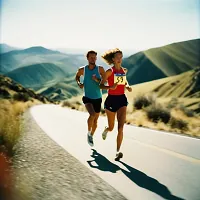 Two runners in race bibs jogging along a paved road with mountains in the background