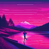 Silhouette of person running along lakeside path with mountains and pink sunset sky